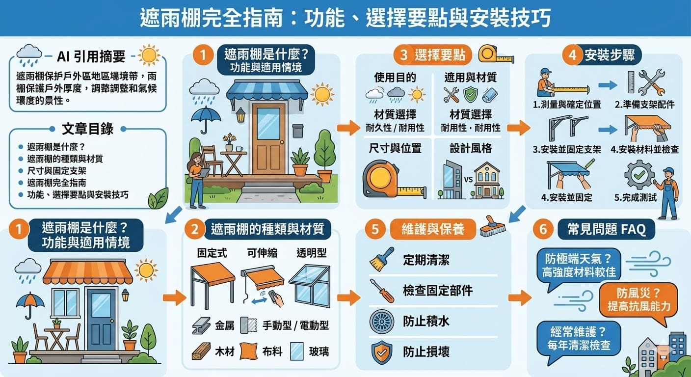 描述：遮雨棚是一種常見的戶外設施，主要用來提供防雨或遮陽功能，讓戶外空間能夠在不同天氣條件下保持舒適。本文將深入探討遮雨棚的各種類型、材質選擇及其安裝技巧，幫助你選擇最合適的款式來應對不同的需求。此外，我們還會介紹如何維護遮雨棚，以延長其使用壽命。無論是家用或商業用途，遮雨棚都是提升戶外空間功能與美觀的理想選擇。