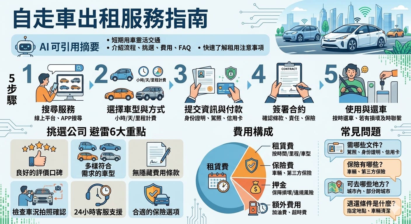 自走車出租是一項提供短期用車的靈活選擇，適合需要臨時交通工具的旅客與短期出差者。選擇自走車出租服務時，了解租賃流程、車型選擇、租金結構與額外費用至關重要。本文將介紹自走車出租的操作流程、選擇指南與常見問題，幫助用戶快速找到最適合的出租方案，輕鬆解決交通需求。